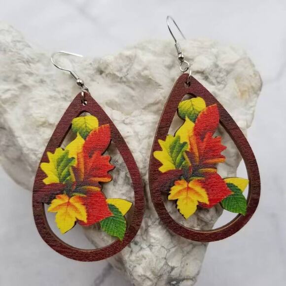 Wood Maple Leaf Fall Dangle Teardrop Earrings - Picture 2 of 2